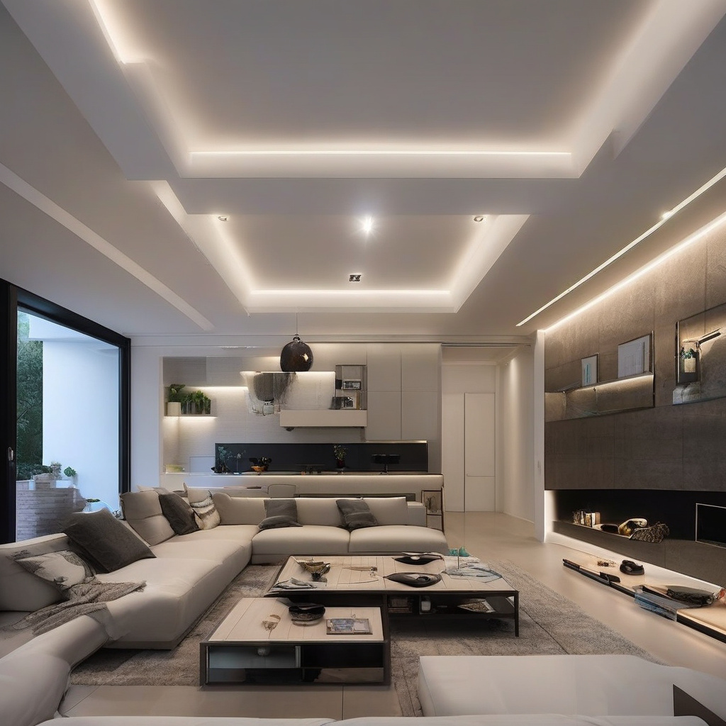 настінні світильники, точкові лампи та стельове підсвічування вітальні