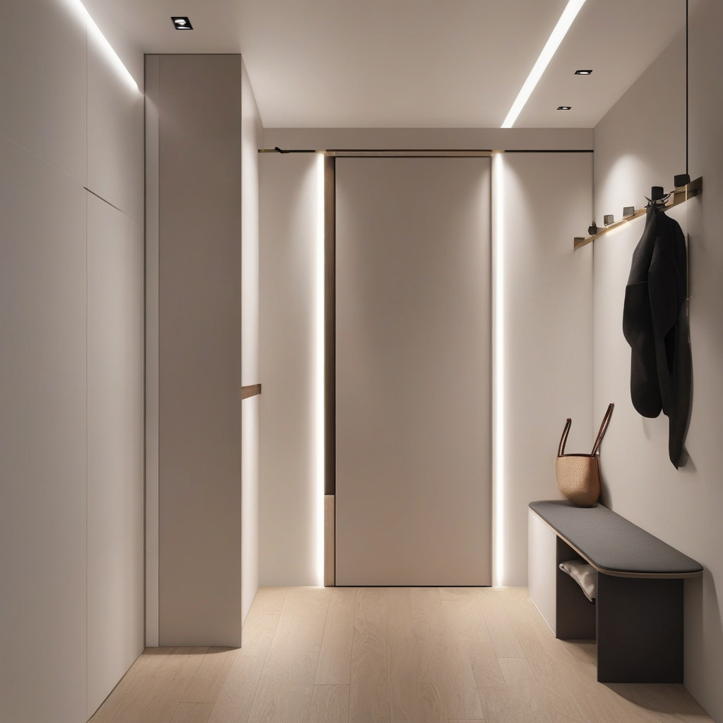 Світлий коридор зі скандинавськими акцентами, дзеркало, світильники