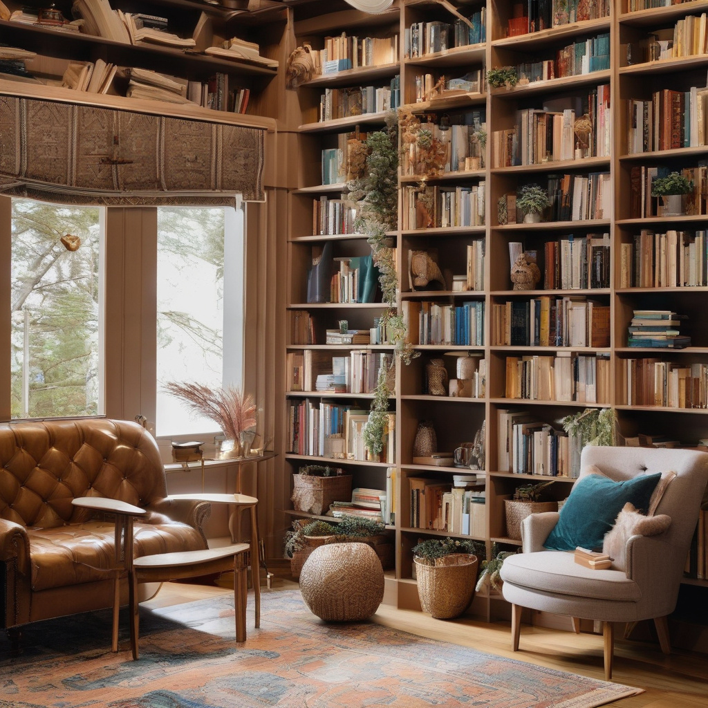 домашня бібліотека з дерев'яними стелажами біля вікна