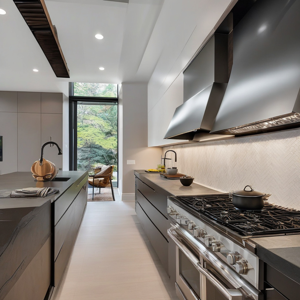 Кухонная вытяжка на белой кухне демонстрирует современный стиль