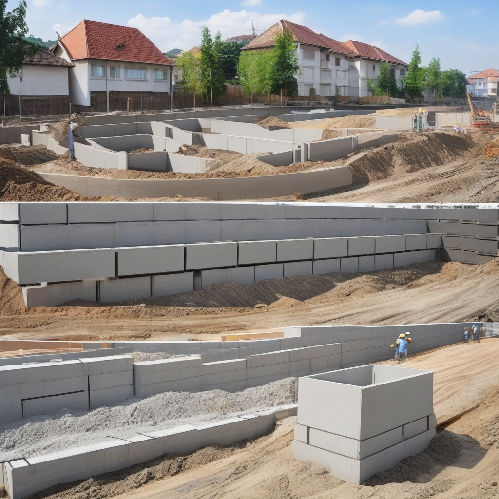 Заливка бетонної підпірної стіни на будівельному майданчику приватного сектору заливка бетонної підпірної стіни на будівельному майданчику