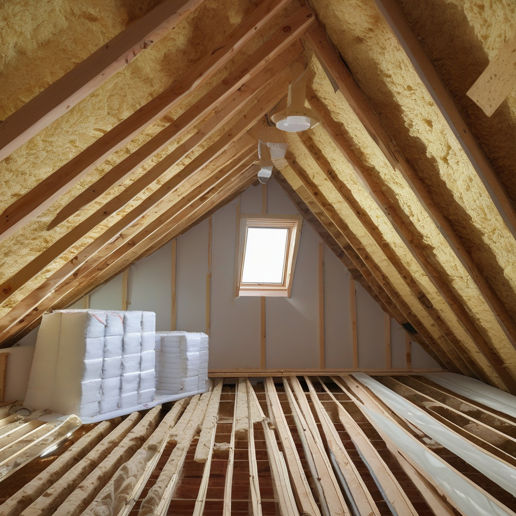 Профессионал устанавливает минеральную вату в мансарде