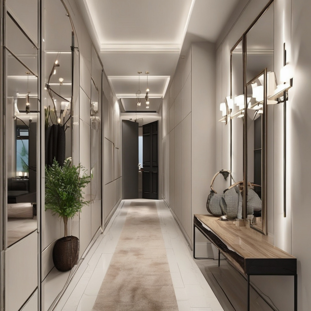 Зеркало с декоративной рамкой в интерьере коридора