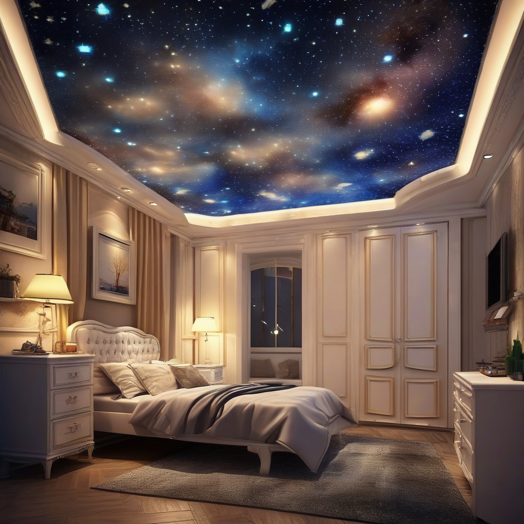 Монтаж ефекту зоряного неба для створення затишної атмосфери стеля з зоряним небом в інтерʼєрі спальні Львова, мʼяке декоративне освітлення