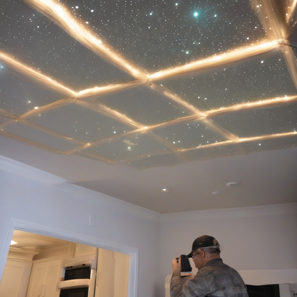 Етап встановлення освітлення та основи стелі покроковий монтаж стелі з ефектом зоряного неба у сучасній кімнаті Львова