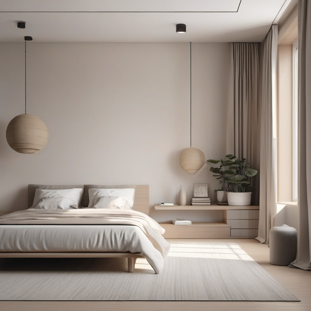 Спальня в стиле минимализм с белыми стенами и простой мебелью