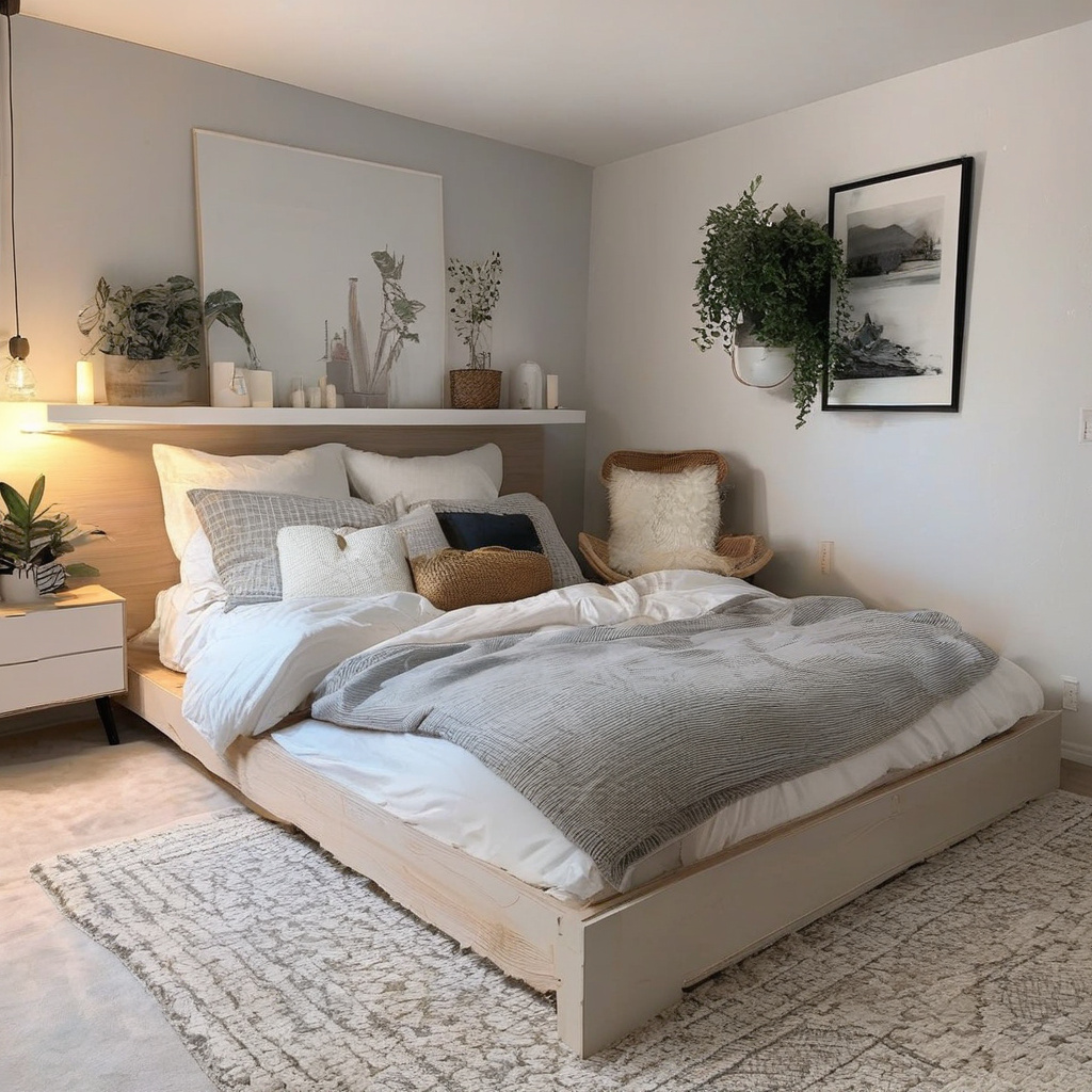 Интерьер спальни с серыми и белыми тонами