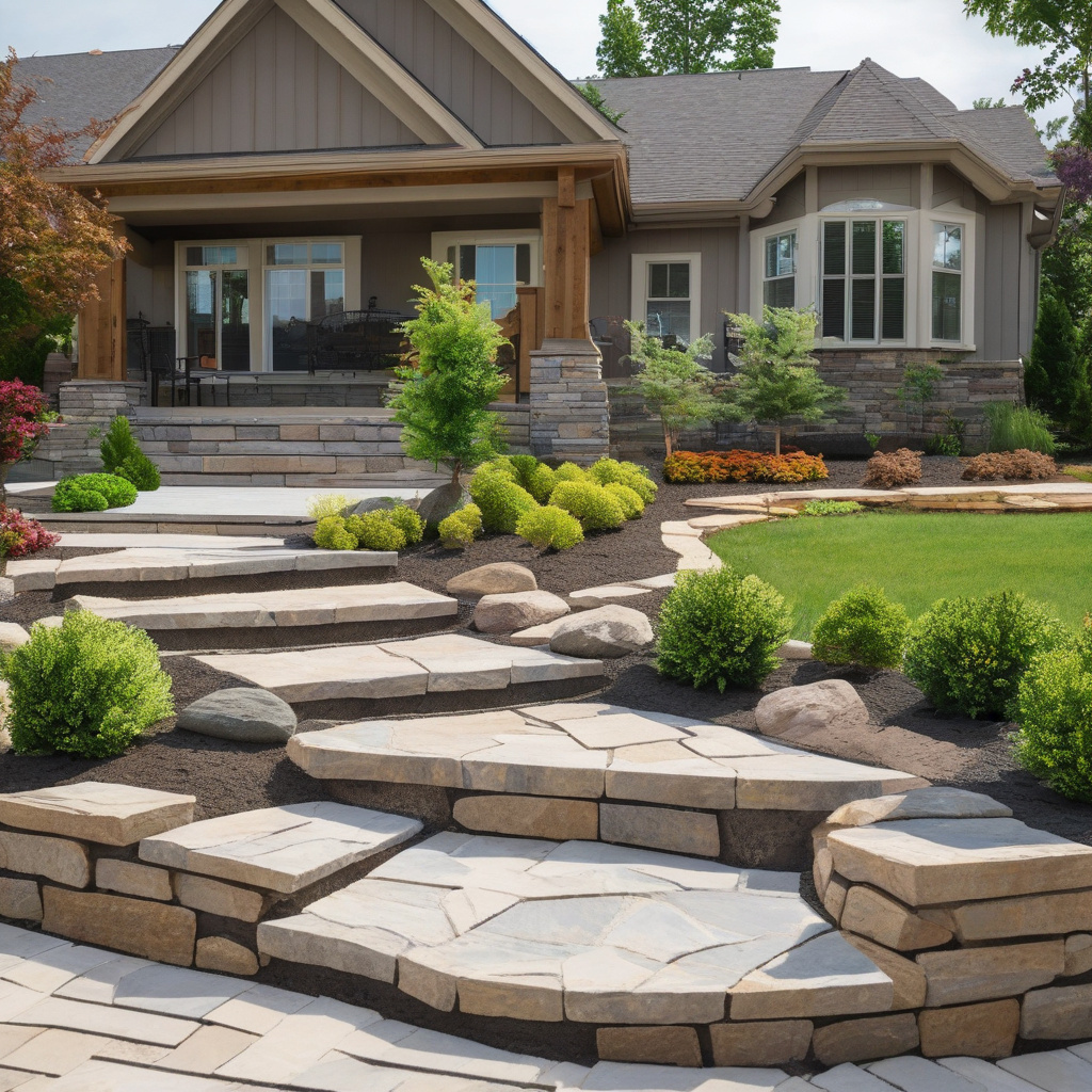 процес вирівнювання та укладки каменю в ландшафтній клумбі