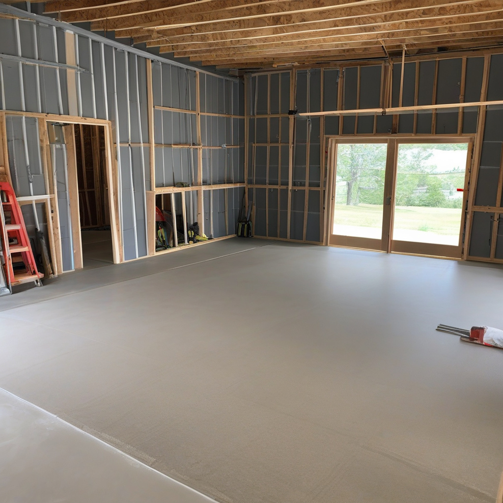 процес заливки бетонної стяжки з армуванням у гаражі